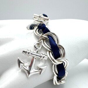 NY&Co Silver Tone Chain Bracelet Ship Anchor Navy Blue Ribbon Toggle Clasp 8"